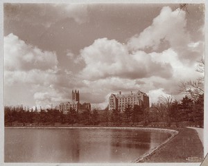 St. Mary's Hall and Gasson Hall from the Lawrence Basin, which was purchased by Boston College in 1948-49 and filled in for the purpose of erecting an athletic stadium in 1951