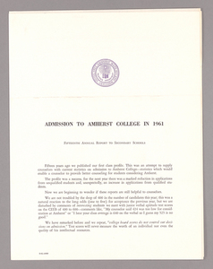 Amherst College annual report to secondary schools and report on admission to Amherst College, 1961