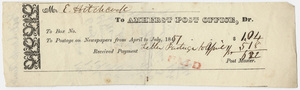 Edward Hitchcock receipt for the Amherst Post Office, 1851