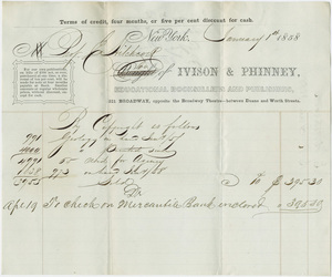 Ivison & Phinney royalty statement for Edward Hitchcock, 1858 January 1