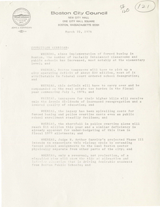 Two Boston City Council resolutions related to Judge Garrity's busing and desegregation orders, 1976 March 22
