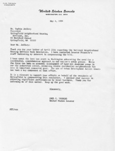 Letter to Sophia Jeffery from Senator Paul E. Tsongas regarding his interest in cosponsoring National Neighborhood Housing Services Week Resolution