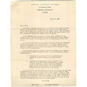 Letter, Fundraiser for People Against Racism, March 15, 1968.