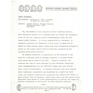 Citywide Parents' Advisory Council press release, February 9, 1976.