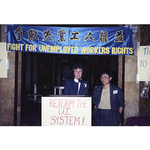 Speaker at an unemployment insurance rally