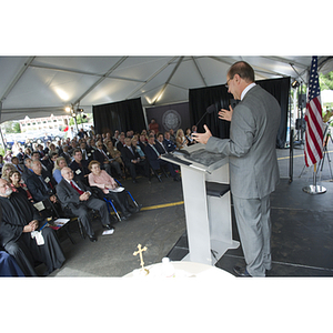 President Joseph E. Aoun speaks to the crowd during a groundbreaking ceremony