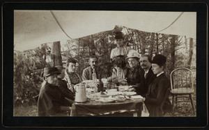 Group of people at Camp Llana in a tent having dinner, Lake Dunmore, Brandon, Vermont, 1890