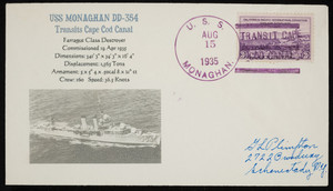 Event day cover, USS Monaghan DD-354 Transits Cape Cod Canal, August 15, 1935.