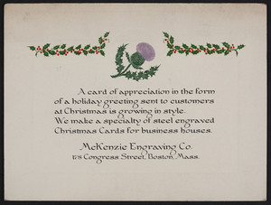 Greeting card for the McKenzie Engraving Co., 178 Congress Street, Boston, Mass., undated