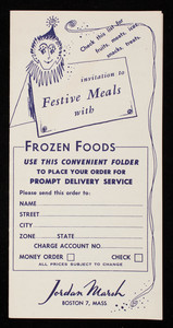 Invitation to festive meals with frozen foods, Jordan Marsh, Boston, Mass.