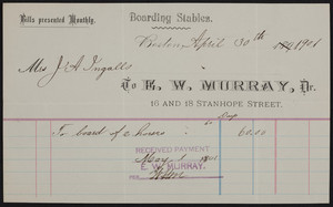 Billhead for E.W. Murray, Dr., boarding stables, 16 and 18 Stanhope Street, Boston, Mass., dated April 30, 1901