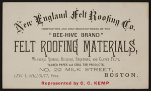 Trade card for New England Felt Roofing Co., felt roofing materials, No.22 Milk Street, Boston, Mass., undated
