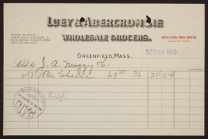 Billhead for Luey & Abercrombie, wholesale grocers, Greenfield, Mass., dated December 24, 1919