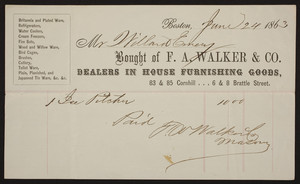 Billhead for F.A. Walker & Co., dealers in house furnishing goods, 83 & 85 Cornhill, 6 & 8 Brattle Street, Boston, Mass., dated June 24, 1863