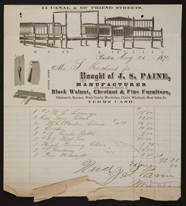 Billhead for J.S. Paine, manufacturer and wholesale dealer in black walnut, chestnut & pine furniture, 44 Canal & 137 Friend Streets, Boston, Mass., dated August 26, 1871