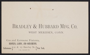 Trade card for Bradley & Hubbard Mfg. Co., gas and kerosene fixtures, West Meriden, Connecticut, 1876