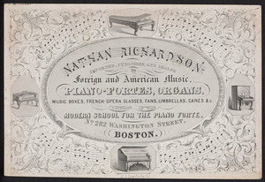 Trade card for Nathan Richardson, importer, publisher and dealer in foreign and American music, No. 282 Washington Street, Boston, Mass., undated
