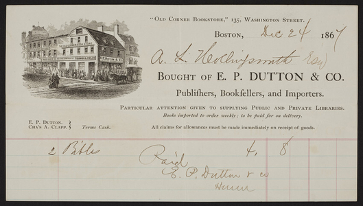 Billhead for E.P. Dutton & Co., publishers, booksellers and importers, 135 Washington Street, Boston, Mass., dated December 24, 1867