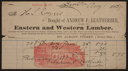Billhead for Andrew F. Leatherbee, eastern and western lumber, 376 Albany Street, Boston, Mass., dated August 1, 1885