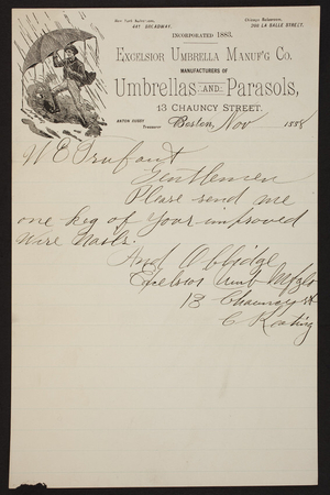 Letterhead for the Excelsior Umbrella Manuf'g Co., umbrellas and parasols, 13 Chauncy Street, Boston, Mass., dated November, 1888