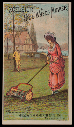 Trade card, Excelsior Side Wheel Mower, manufactured by Chadborn & Coldwell Mfg. Co., Newburgh, New York