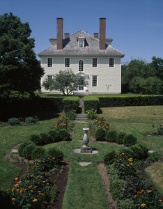Exterior facade with sundial and garden, Hamilton House, South Berwick, Maine