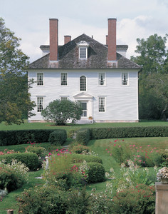 Exterior facade, looking through the garden in summer, Hamilton House, South Berwick, Maine