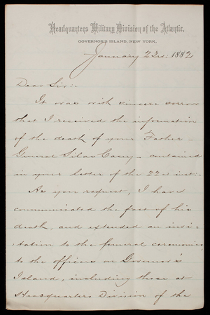 Winifred Scott Hancock to Thomas Lincoln Casey, January 23, 1882