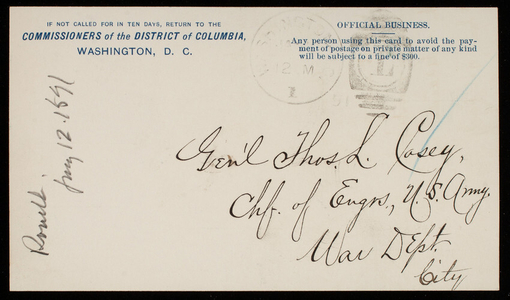 [William] T. Rossell to Thomas Lincoln Casey, January 12, 1891
