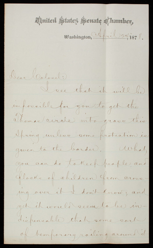 Senator Justin S. Morrill to Thomas Lincoln Casey, April 24, 1878