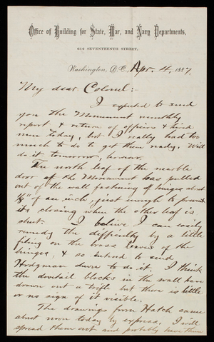 Bernard R. Green to Thomas Lincoln Casey, April 4, 1887