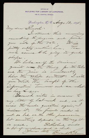 Bernard R. Green to Thomas Lincoln Casey, August 12, 1895