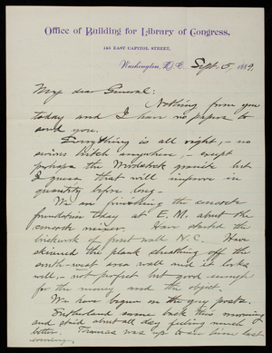 Bernard R. Green to Thomas Lincoln Casey, September 5, 1889