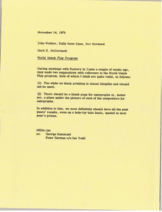 Memorandum from Mark H. McCormack to John Webber, Sally Anne Egan, and Bev Norwood