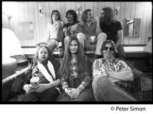 Grateful Dead backstage (rear, left to right): Bob Weir, Mickey Hart, Bill Kreutzman,Jerry Garcia; (front) Keith Godchaux, Donna Godchaux, Phil Lesh