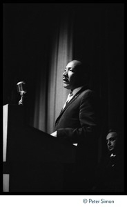 Martin Luther King, Jr., addressing the audience at a rally at the Fieldston School