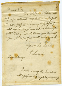 Charles Lamb letter to Bryan Waller Procter [i.e. Barry Cornwall]