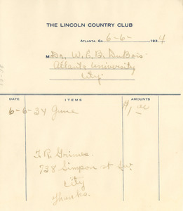 Invoice from Lincoln Country Club to W. E. B. Du Bois