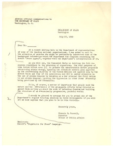 Circular letter from United States Department of State to unidentified correspondent