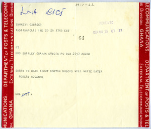 Telegram from Robert McCanns to Shirley Graham Du Bois