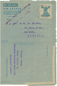 Air letter from All India Students Congress to W. E. B. Du Bois