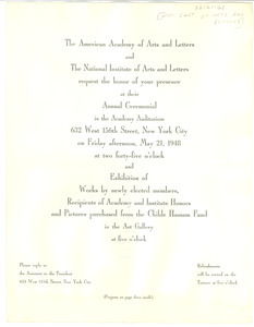 National Institute of Arts and Letters ceremonial invitation
