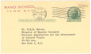 Postcard from Rand School of Social Science to W. E. B. Du Bois
