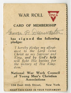 World War I "War Roll" YMCA Card of Membership