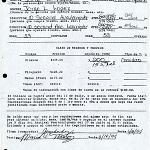 Form to reserve kiosks and tables for the Festival Puertorriqueño de Massachusetts, filled out by Jorge L. López