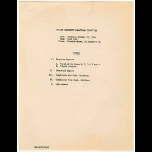 Agenda and list of problems for police-community relations committee meeting held October 27, 1964