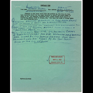 Complaint form from William D. Holder concerning abandoned cars, sidewalks, and traffic lights