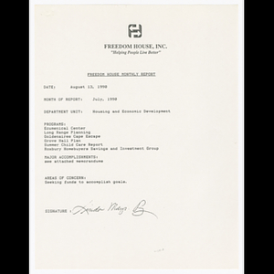 Freedom House monthly reports housing and economic development unit, July 1990