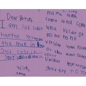 Card addressed to Boston from an Oakland child