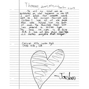 Letter from a student at Canyon Hills Junior High School sent to the City of Boston after the 2013 Boston Marathon bombings (California)